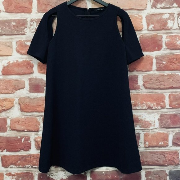ZARA WB COLLECTION WOMEN'S NAVY BLUE STRETCHY KNIT COLD ARM ZIP UP DRESS - Picture 5 of 7